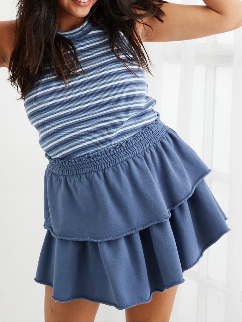 Aerie Weekend Ruffle Tiered Mini Skirt Dusty Blue Periwinkle Small 100% Cotton